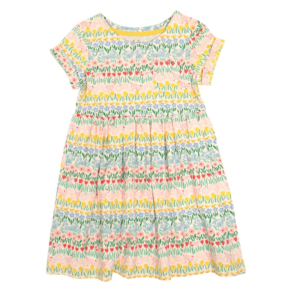 Mini Boden Girls Dress Floral Farm Animals Fun Print 100% Cotton Kids 4-5Y NWOT